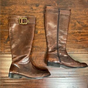 Tahari Buckle Brown Leather Boots, 9, Flat Calf Boots